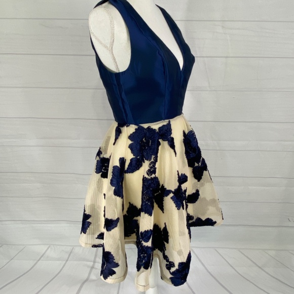 Maniju Blue Ivory Floral Fit and Flare Short Dress Sleeveless Formal Size Large - Picture 5 of 11
